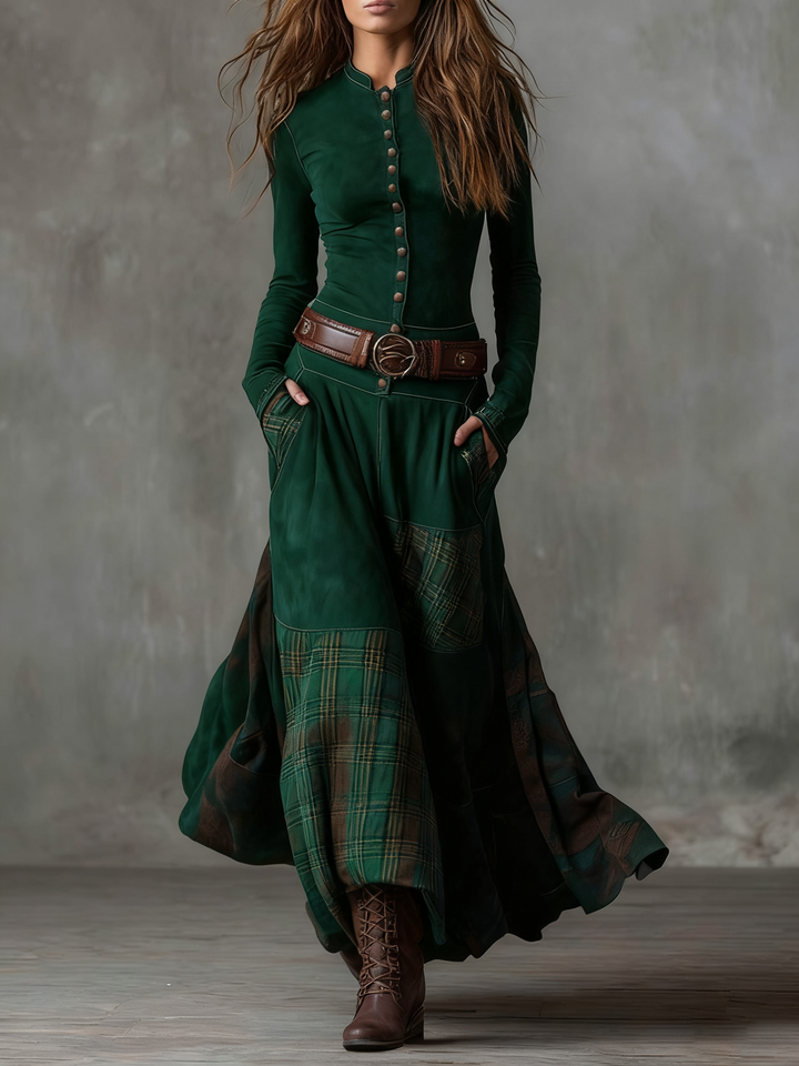 Robe Longue Femme Col Montant Boutonnée Ceinturée Bas Évasé à Carreaux