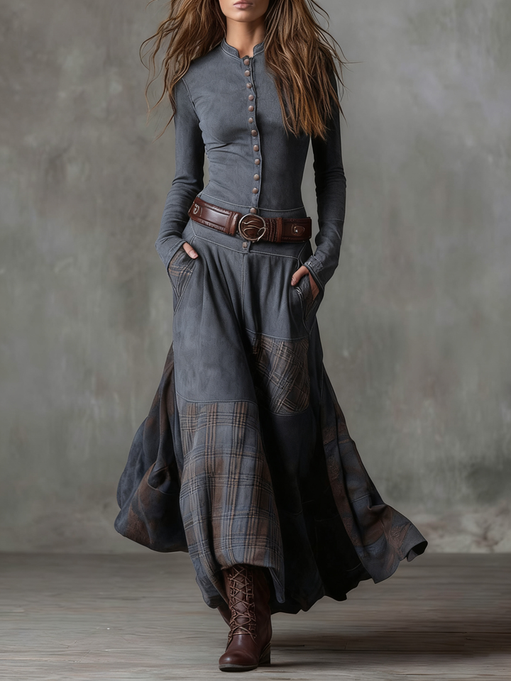 Robe Longue Femme Col Montant Boutonnée Ceinturée Bas Évasé à Carreaux