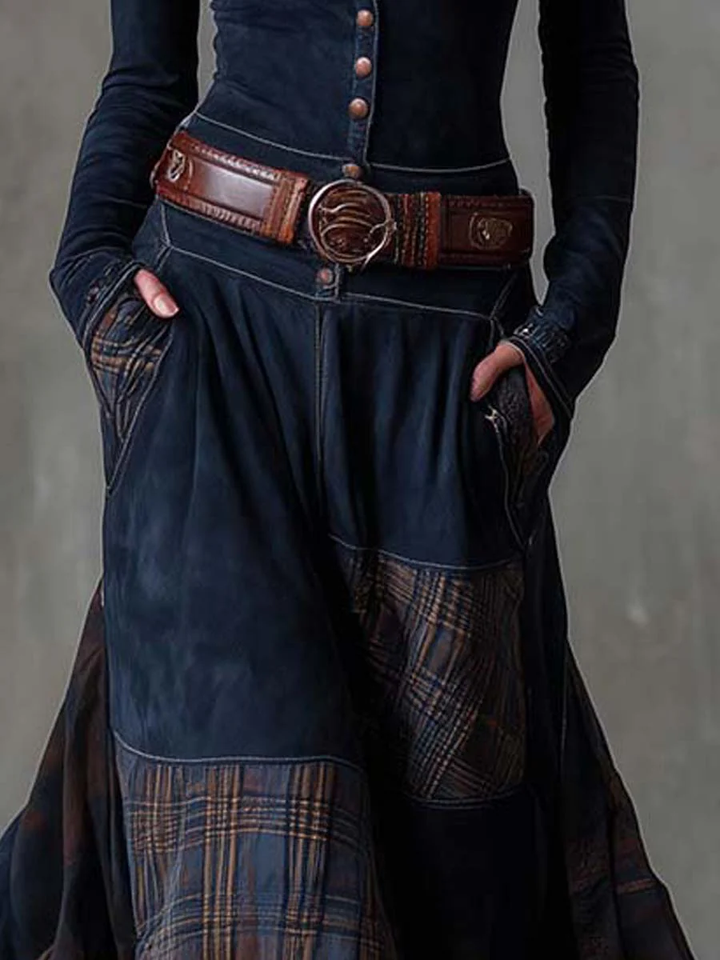 Robe Longue Femme Col Montant Boutonnée Ceinturée Bas Évasé à Carreaux