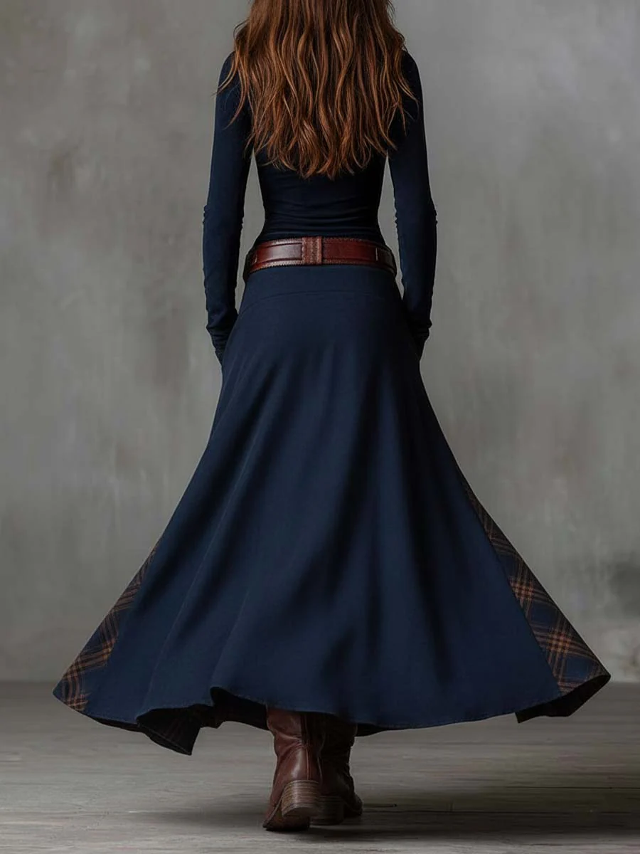 Robe Longue Femme Col Montant Boutonnée Ceinturée Bas Évasé à Carreaux