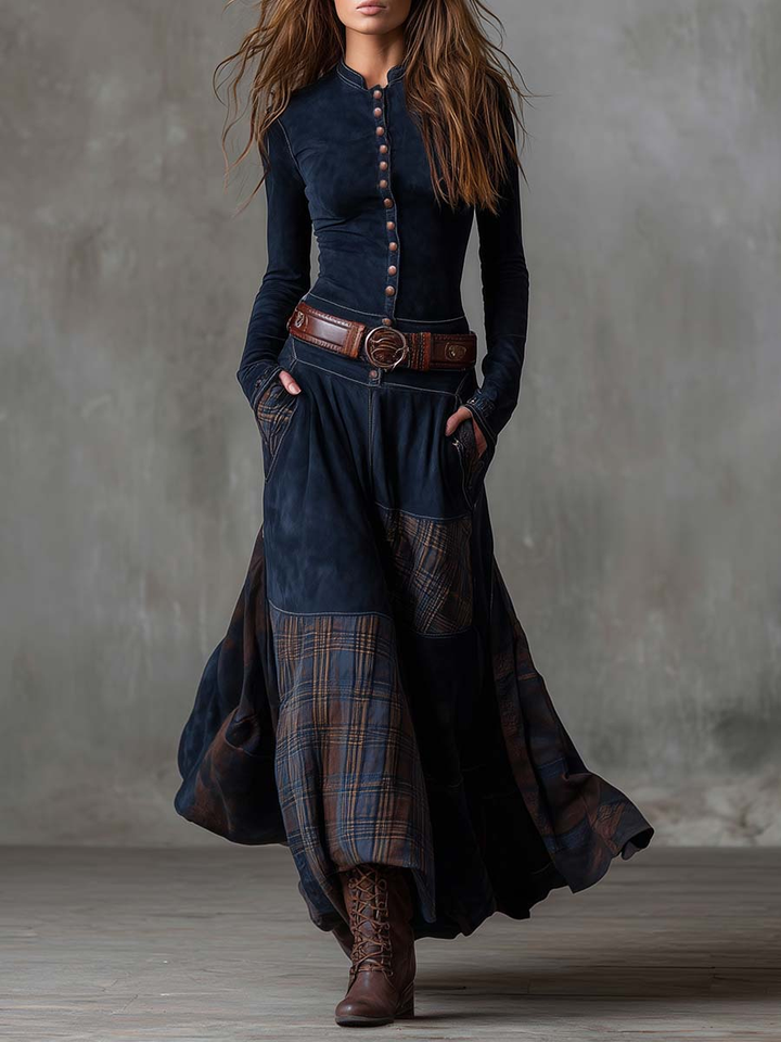 Robe Longue Femme Col Montant Boutonnée Ceinturée Bas Évasé à Carreaux