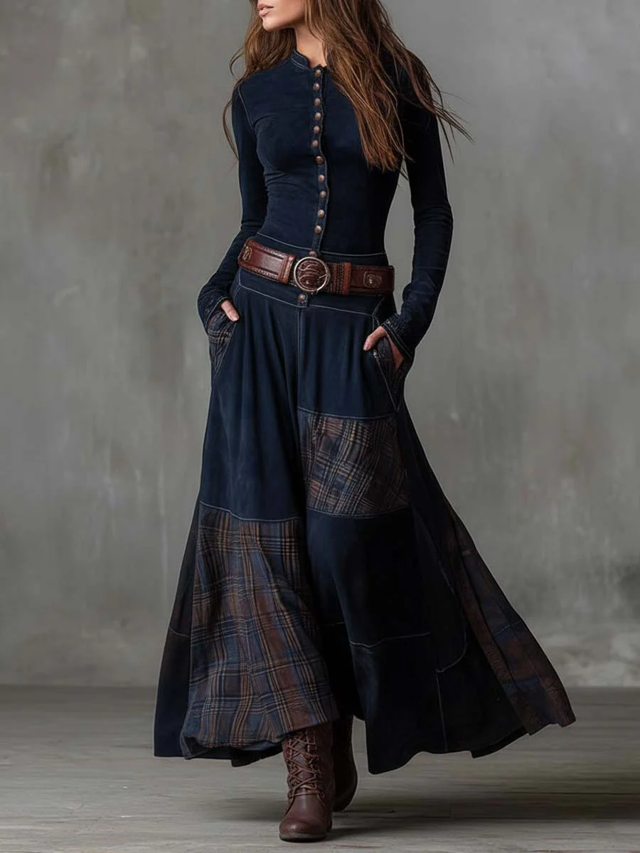 Robe Longue Femme Col Montant Boutonnée Ceinturée Bas Évasé à Carreaux