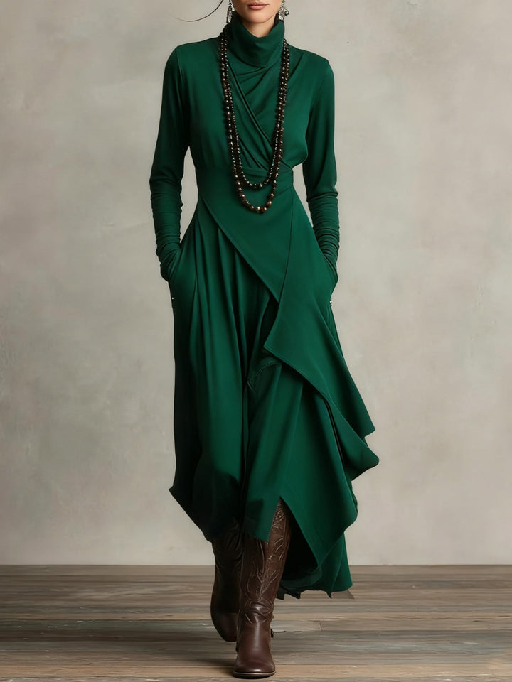 Robe Longue Femme Col Montant Manches Longues Drapés Asymétriques