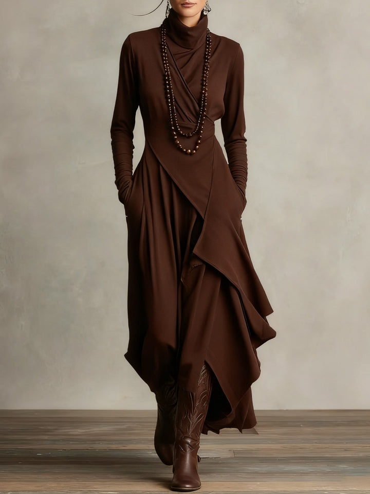Robe Longue Femme Col Montant Manches Longues Drapés Asymétriques