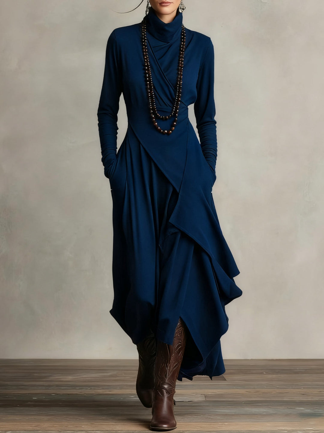Robe Longue Femme Col Montant Manches Longues Drapés Asymétriques