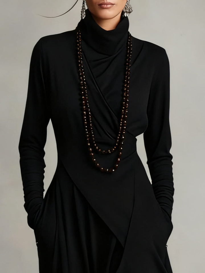 Robe Longue Femme Col Montant Manches Longues Drapés Asymétriques
