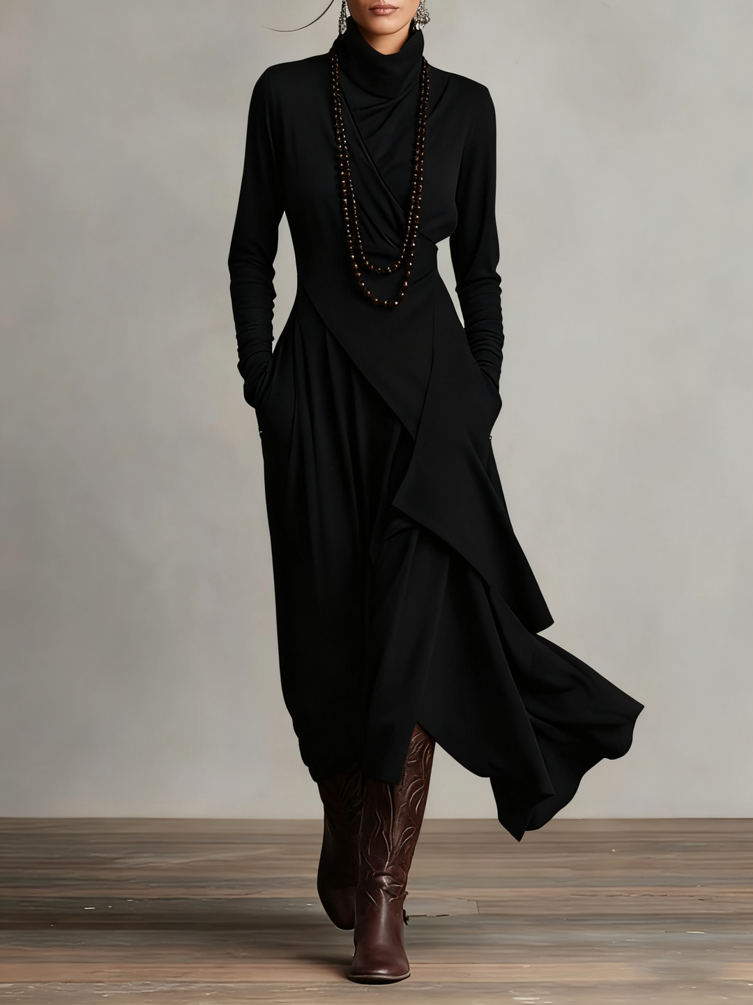 Robe Longue Femme Col Montant Manches Longues Drapés Asymétriques