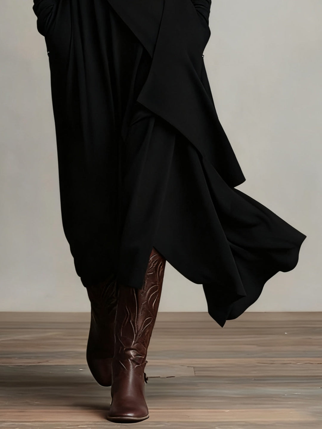 Robe Longue Femme Col Montant Manches Longues Drapés Asymétriques