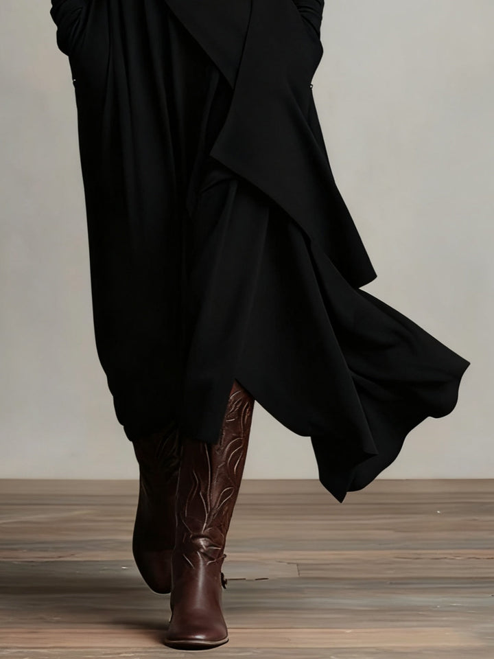Robe Longue Femme Col Montant Manches Longues Drapés Asymétriques