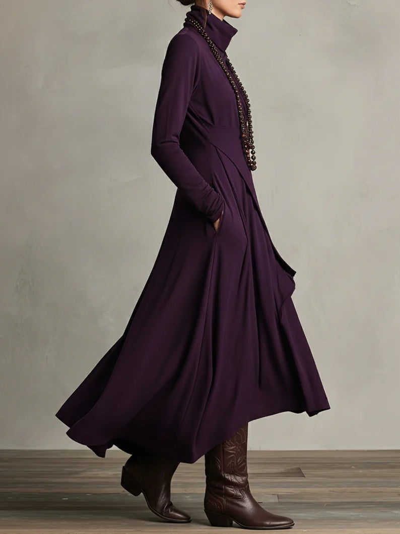 Robe Longue Femme Coupe Asymétrique Col Haut Manches Longues