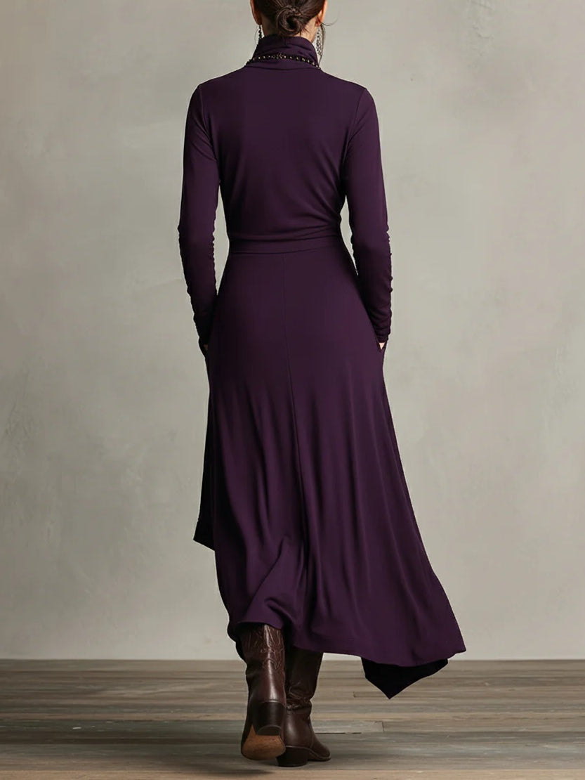 Robe Longue Femme Coupe Asymétrique Col Haut Manches Longues