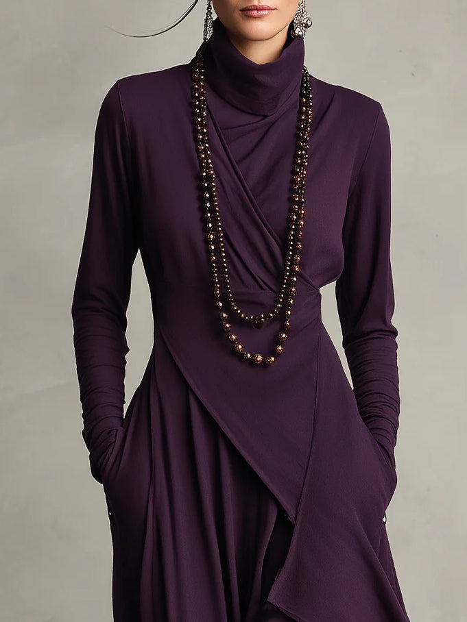 Robe Longue Femme Coupe Asymétrique Col Haut Manches Longues