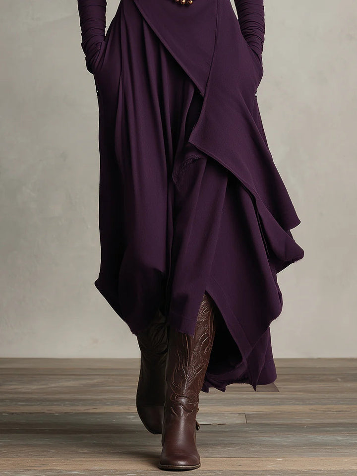 Robe Longue Femme Col Montant Manches Longues Drapés Asymétriques