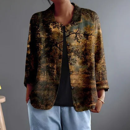 Blouse ouverte à imprimé forêt peinte en bronze, olive et or sur fond sombre
