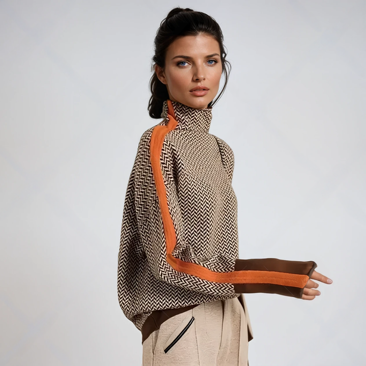 Pull Femme Col Roulé à Rayures Contrastées Manches Longues