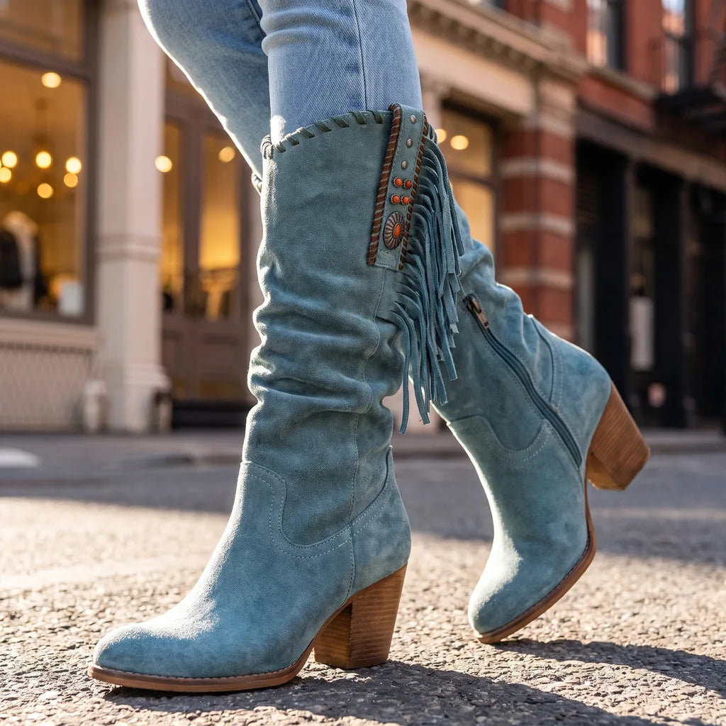 Bottes hautes à franges avec clous et perles pour femme