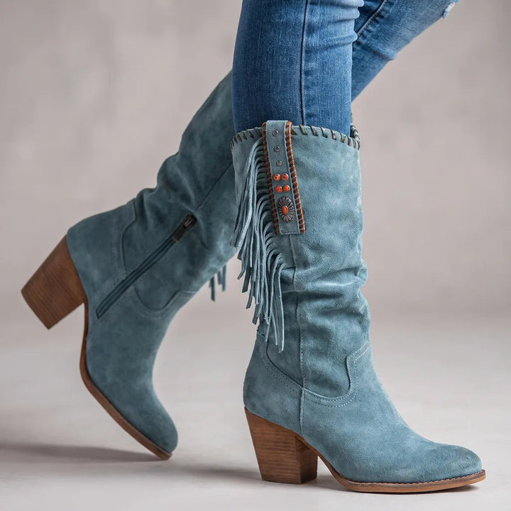 Bottes hautes à franges avec clous et perles pour femme