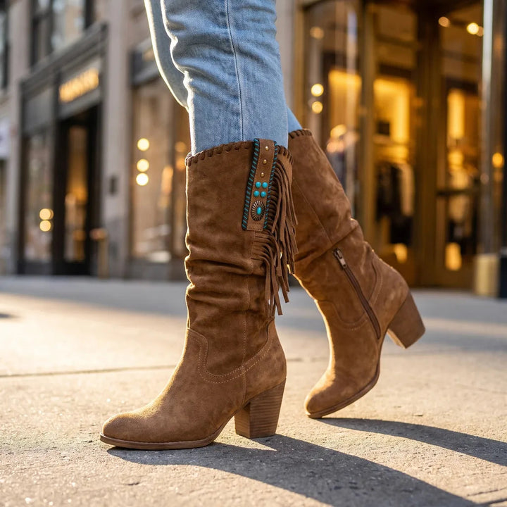 Bottes hautes à franges avec clous et perles pour femme