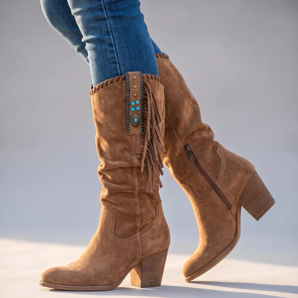 Bottes hautes à franges avec clous et perles pour femme