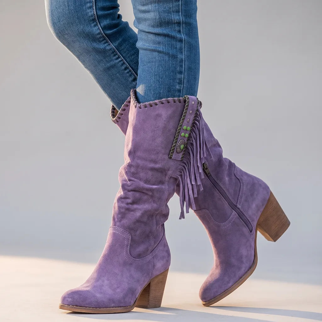 Bottes hautes à franges avec clous et perles pour femme
