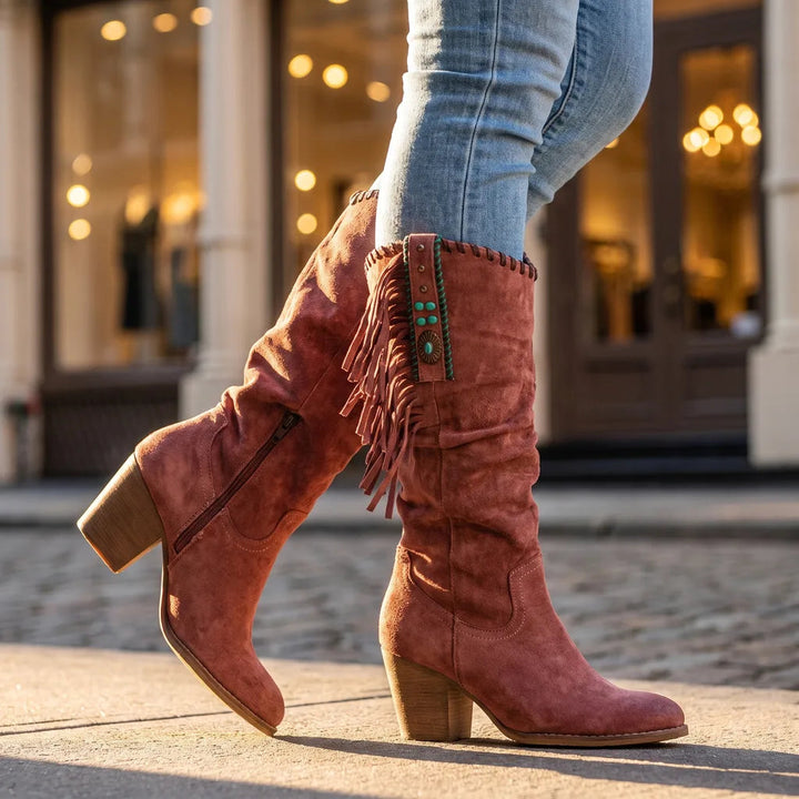 Bottes hautes à franges avec clous et perles pour femme