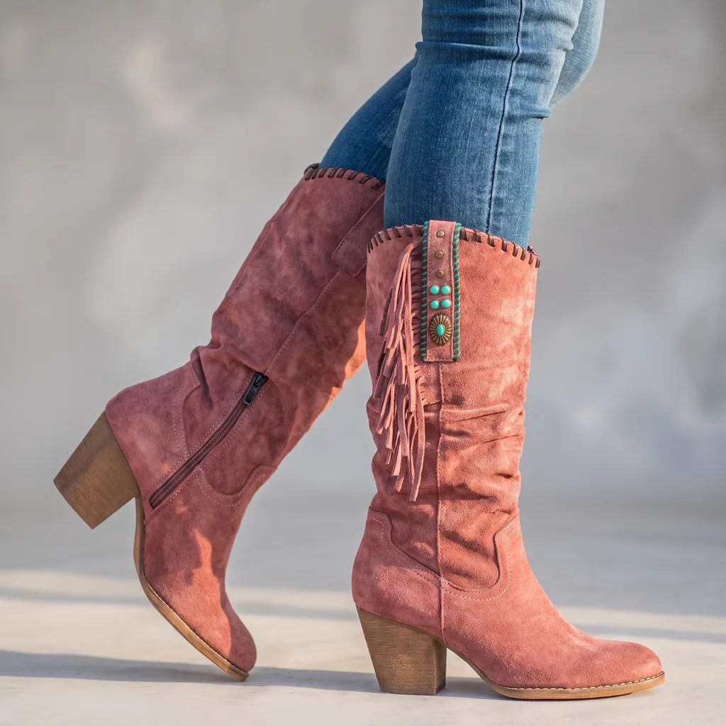 Bottes hautes à franges avec clous et perles pour femme