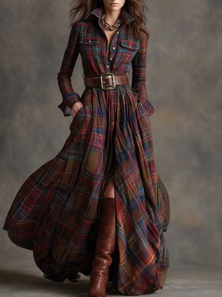 Robe Longue Femme à Carreaux Ceinturée Coupe Régulière