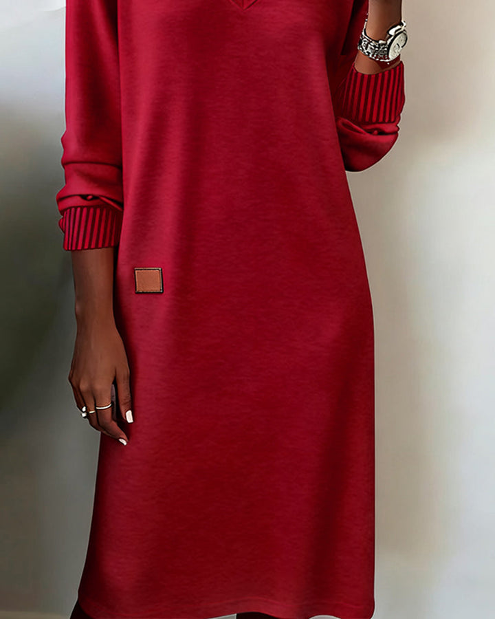Robe Pull Femme Décolleté en V Longueur Midi Manches Longues