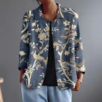 Chemise ouverte à imprimé oiseaux et branches fleuries sur bleu délavé — autre vue