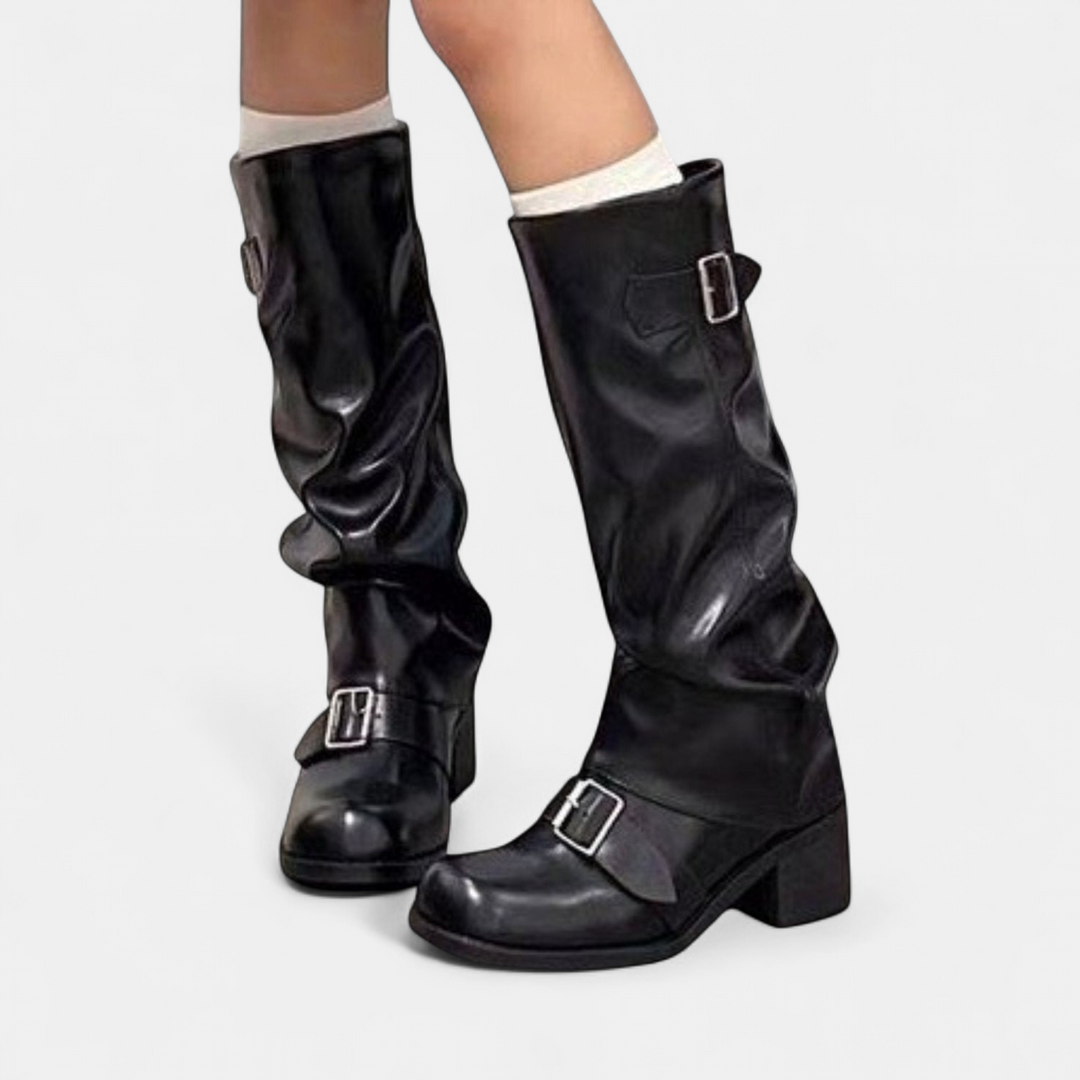 Bottes Slouch Hautes Femme, Talon Bloc à Boucles