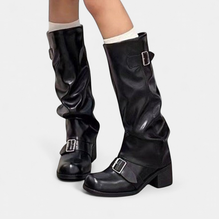 Bottes Slouch Hautes Femme, Talon Bloc à Boucles