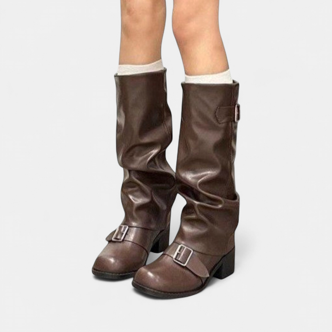 Bottes Slouch Hautes Femme, Talon Bloc à Boucles