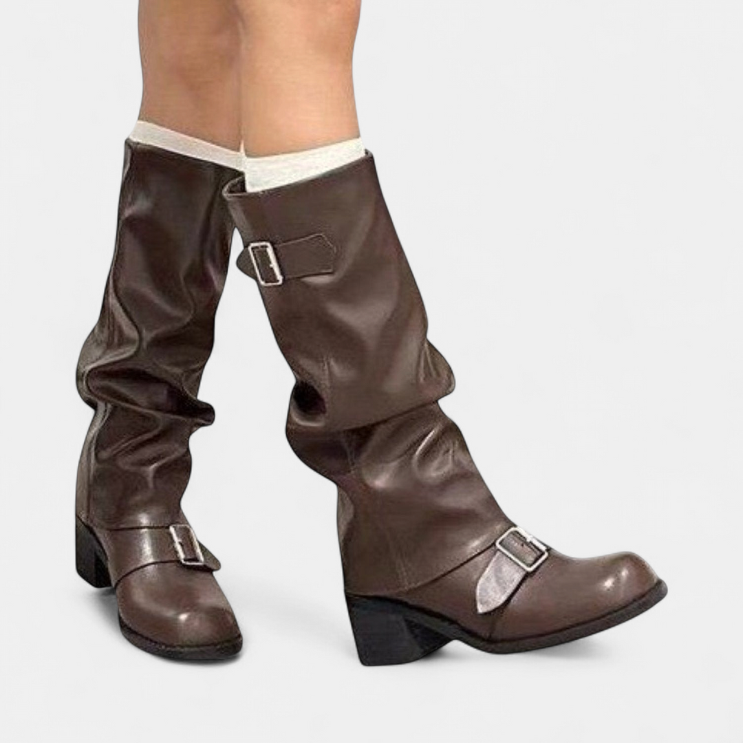 Bottes Slouch Hautes Femme, Talon Bloc à Boucles