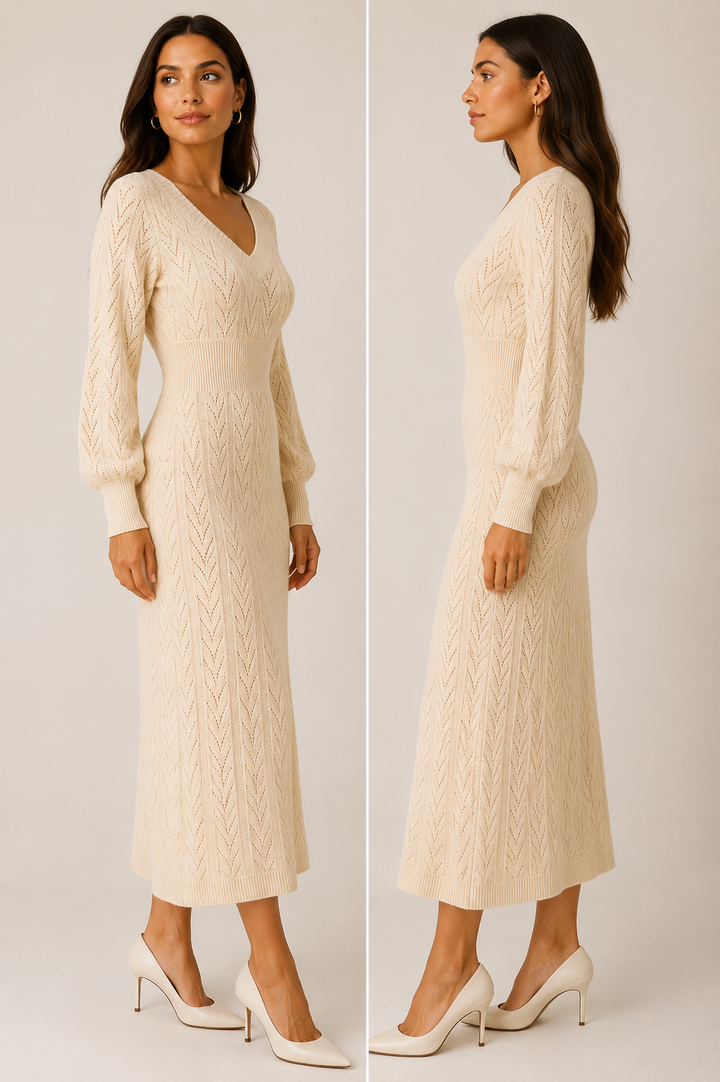 Robe pull ajourée col V crème femme