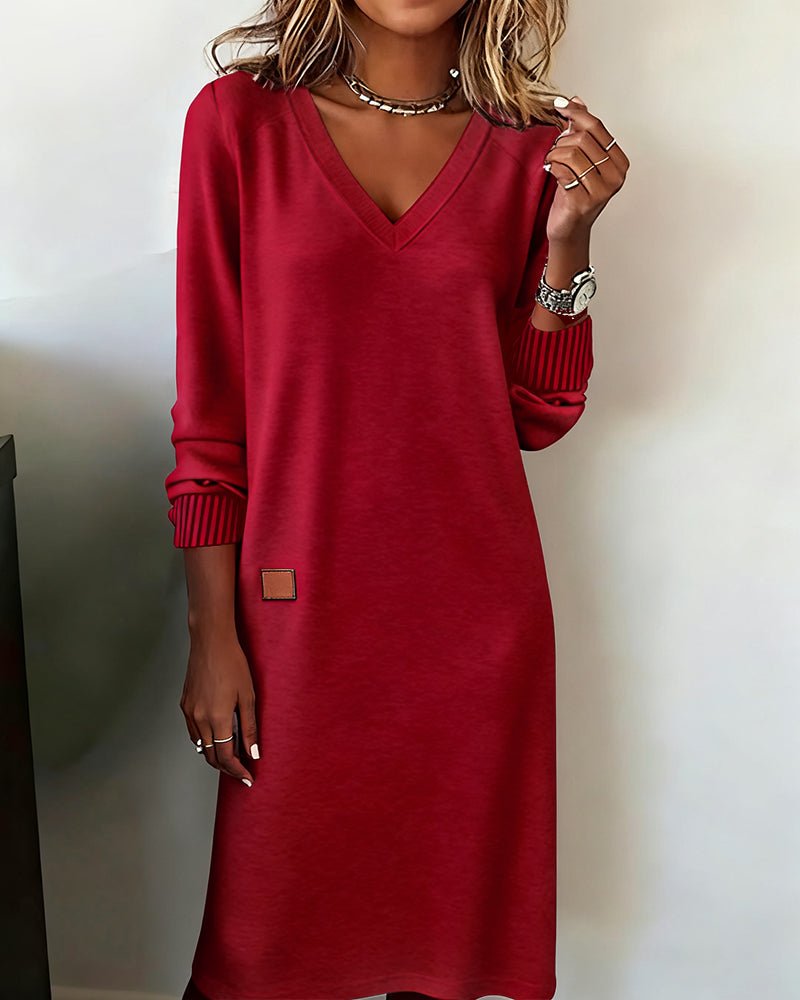 Robe Pull Femme Décolleté en V Longueur Midi Manches Longues