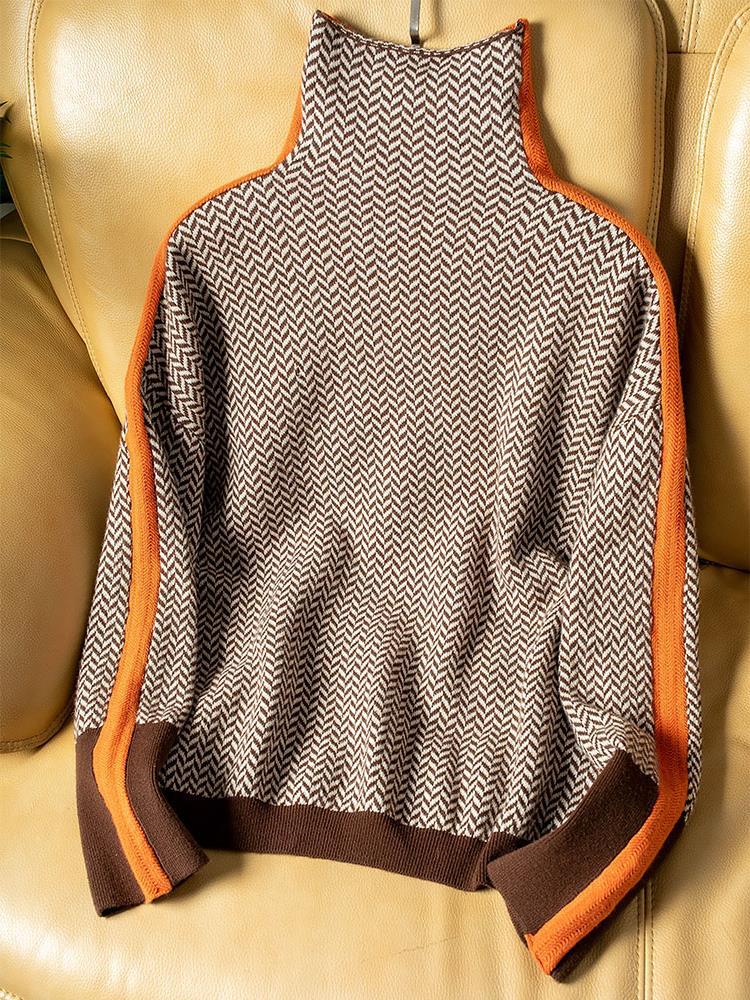 Pull Femme Col Roulé à Rayures Contrastées Manches Longues