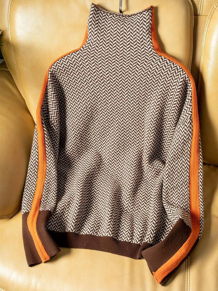 Pull Femme Col Roulé à Rayures Contrastées Manches Longues