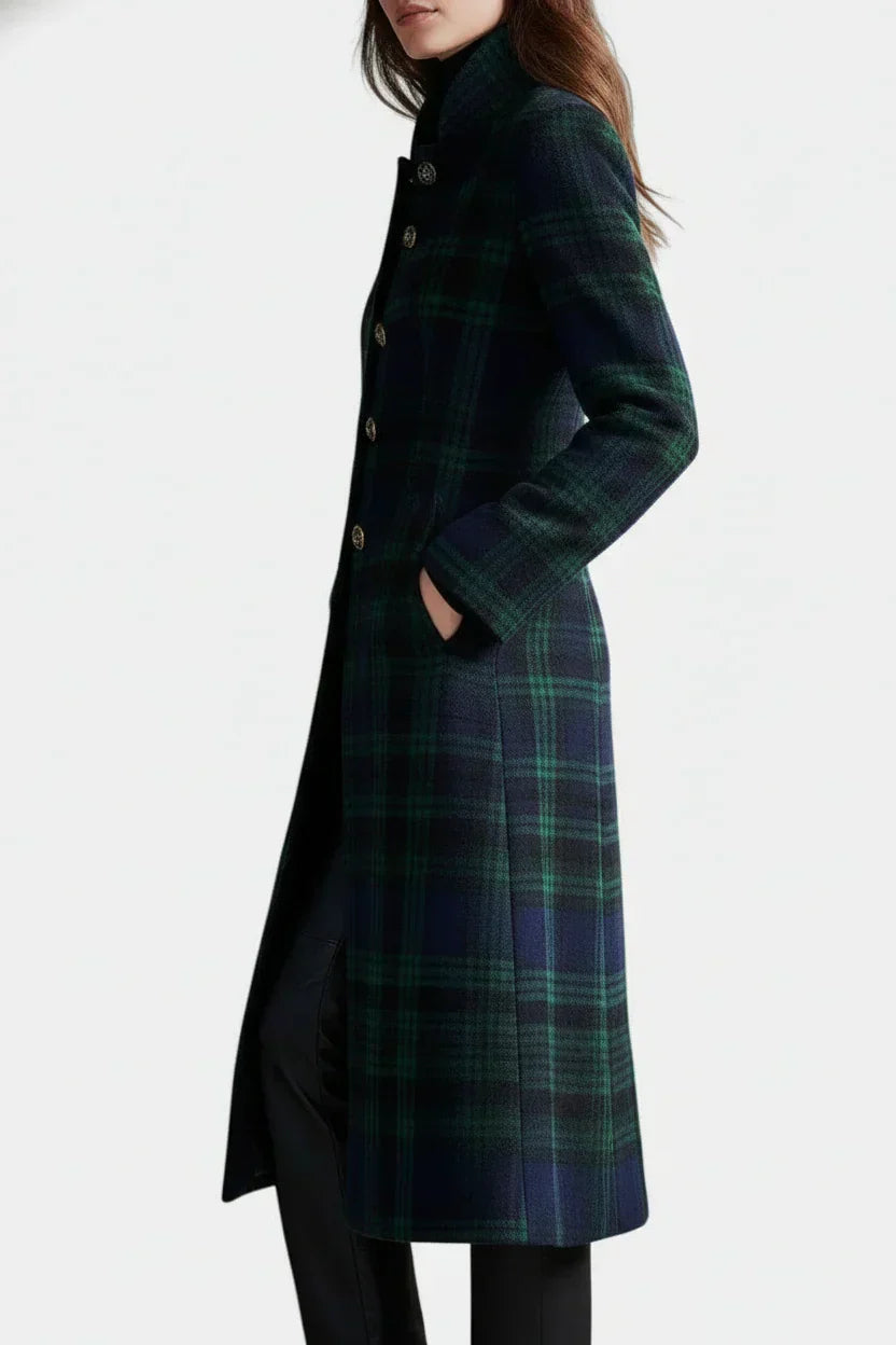 Manteau Femme Mi-Long à Carreaux Boutonné Coupe Structurée Vert