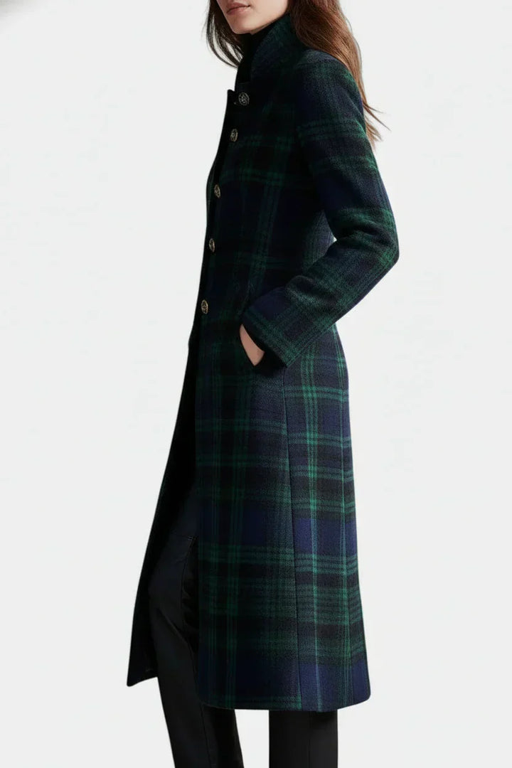 Manteau Femme Mi-Long à Carreaux Boutonné Coupe Structurée Vert