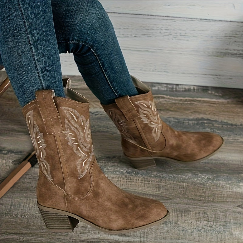 Bottes cowboy mi-mollet brodées femme
