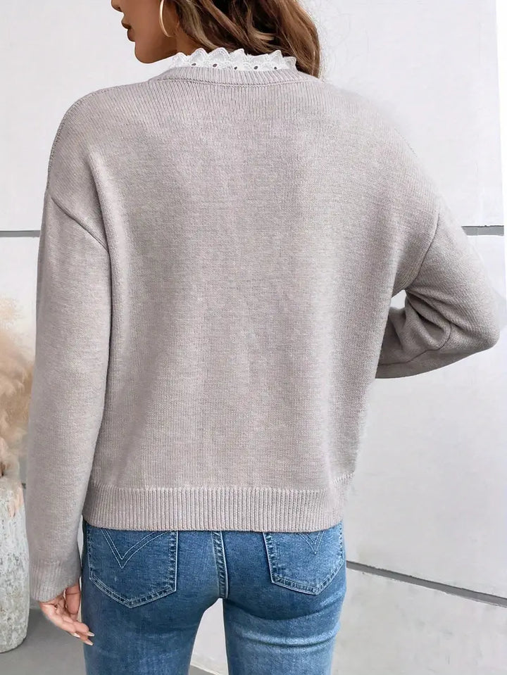 Pull Femme Col en Dentelle Décolleté en V Coupe Fluide