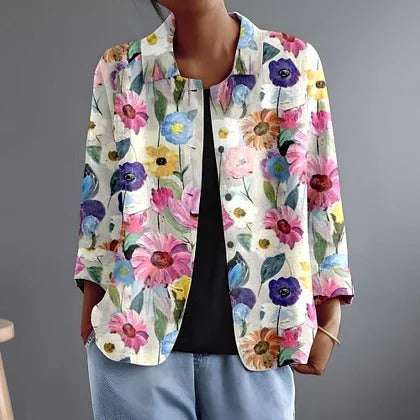 Blouse ample à fleurs peintes à la main sur fond crème, col pointu — autre vue