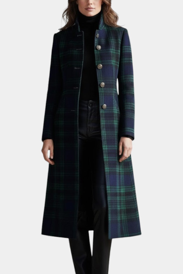 Manteau Femme Mi-Long à Carreaux Boutonné Coupe Structurée Vert