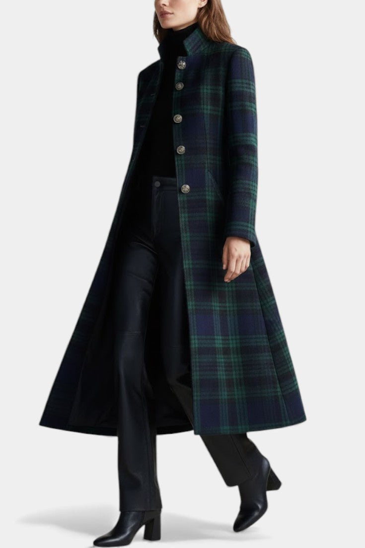 Manteau Femme Mi-Long à Carreaux Boutonné Coupe Structurée Vert