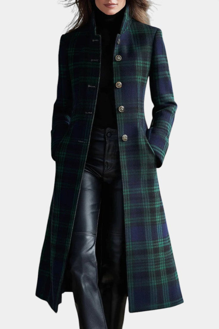 Manteau Femme Mi-Long à Carreaux Boutonné Coupe Structurée Vert