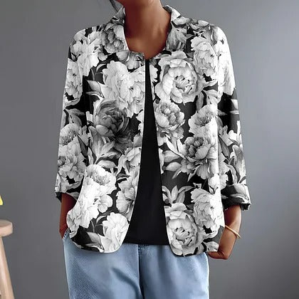 Chemise ouverte à imprimé floral noir et blanc, coupe carrée — autre vue