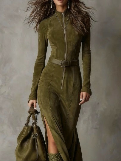 Evelyn | Robe en Daim Ceinturée avec Zip