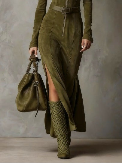 Evelyn | Robe en Daim Ceinturée avec Zip