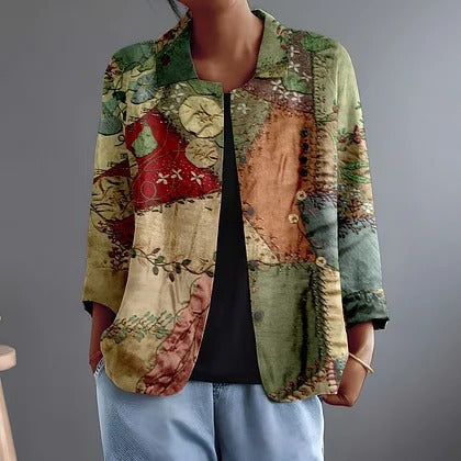 Chemise ouverte à imprimé patchwork vert, rouille et crème, col pointu