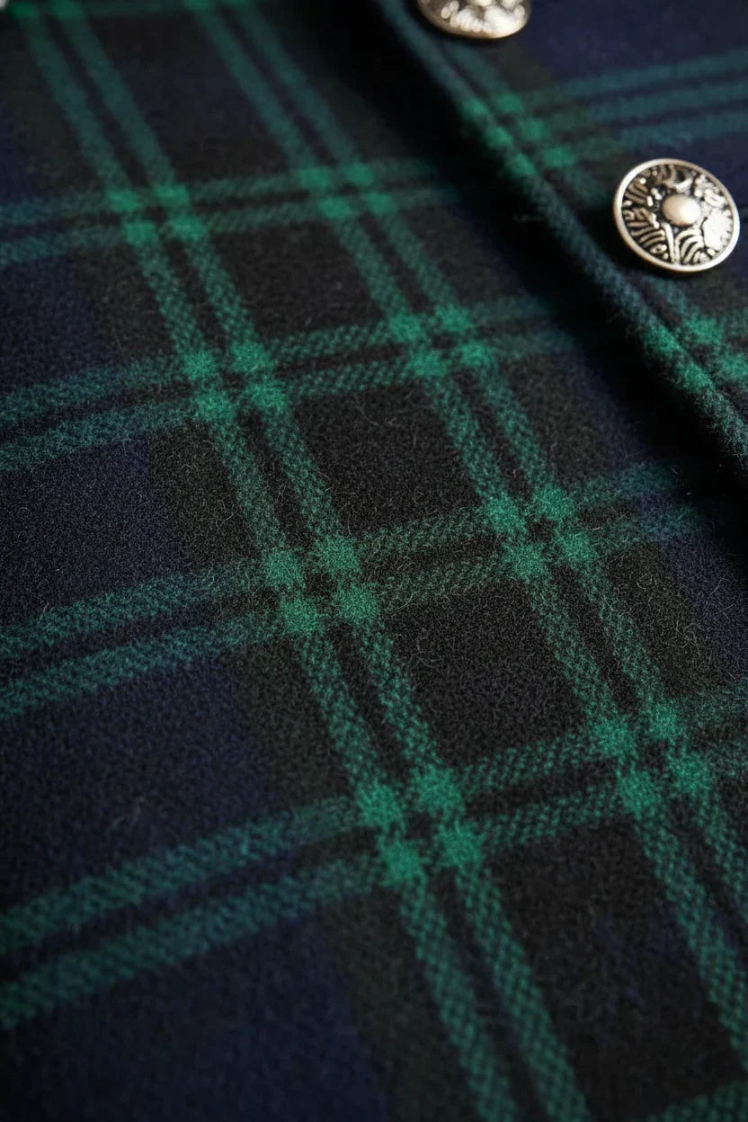 Manteau Femme Mi-Long à Carreaux Boutonné Coupe Structurée Vert